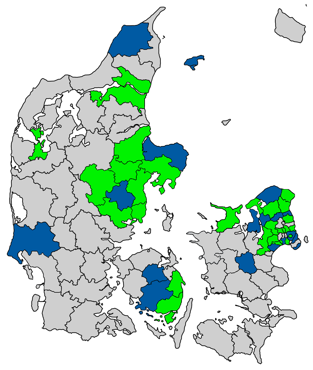 Danmarkskort over hvilke kommuner der har vedtaget en politik