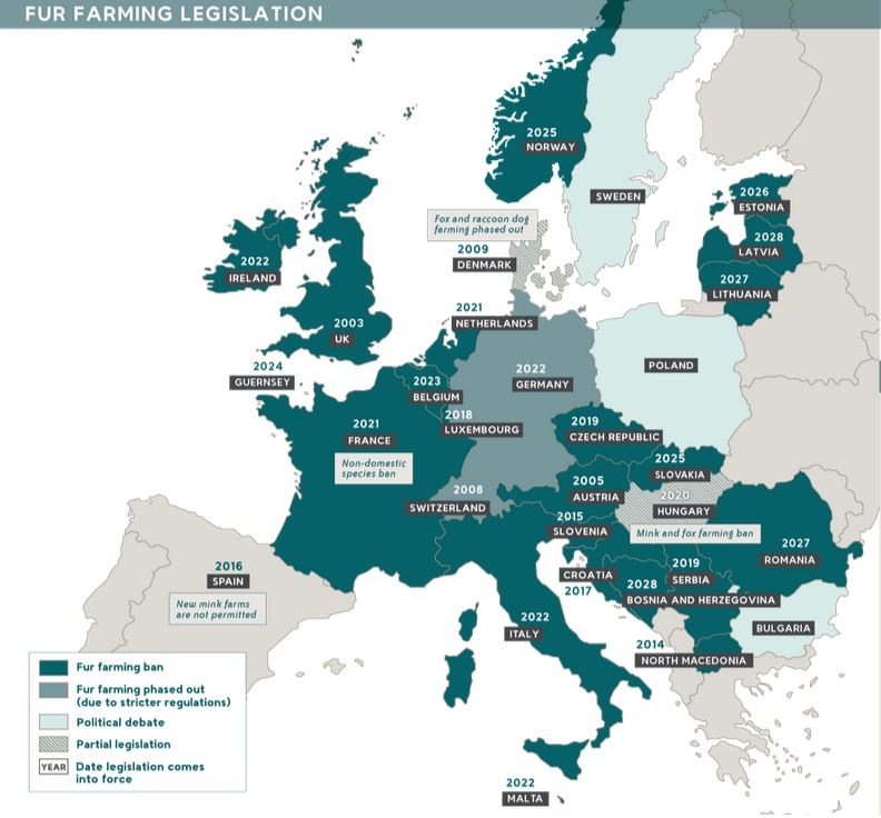 Kort der viser at næsten hele Europa har forbudt pelsdyravl